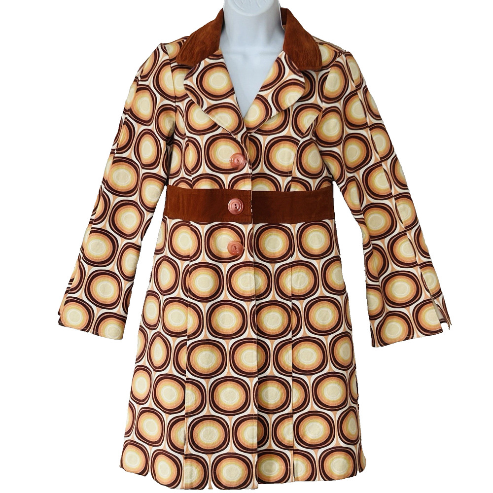 Jane Ivy Trench Coat Size S Cream 70s Rust Orange Geo Print Cotton